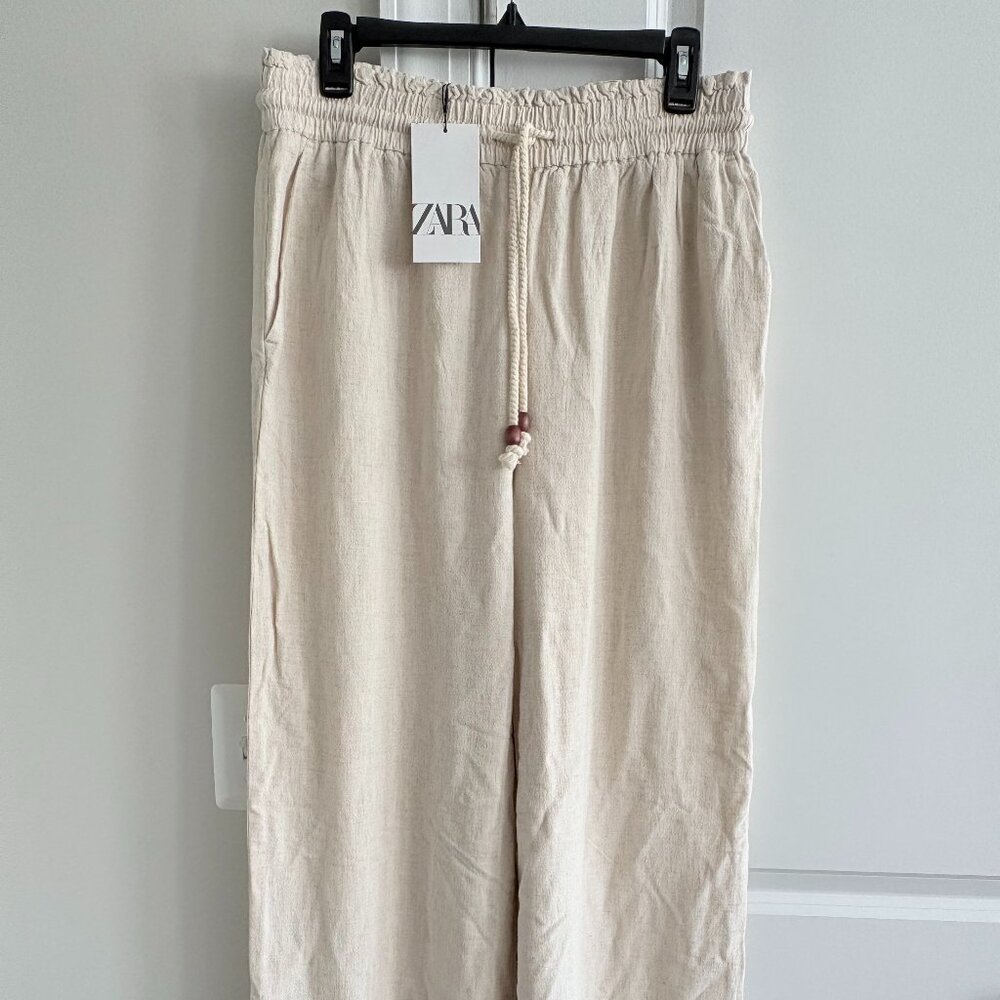 ZARA Linen Blend Cream Beige Drawstring Pants w Pockets - SZ L New w Tag